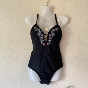 Dip Floral-Embroidered Plunge One-Piece Swimwear for Women, Black, Size Small